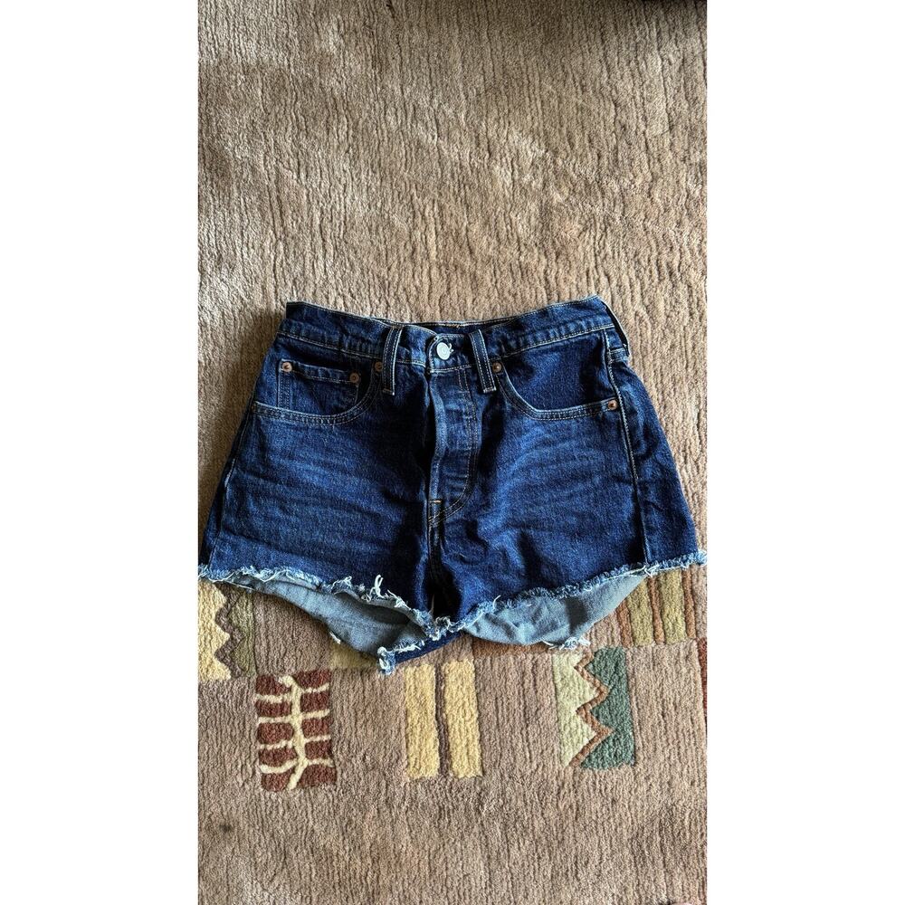 Levis 501 Shorts Womens 26 Blue Dark Denim High Cut Off Distressed Jean Button
